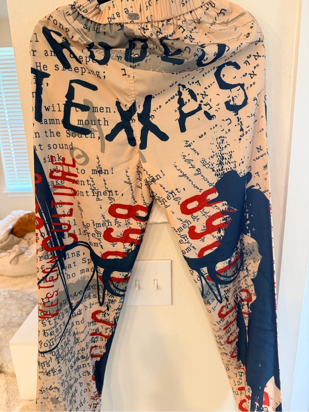 Lucky & Blessed Beige Leggings with Navy and Red Graphic Print